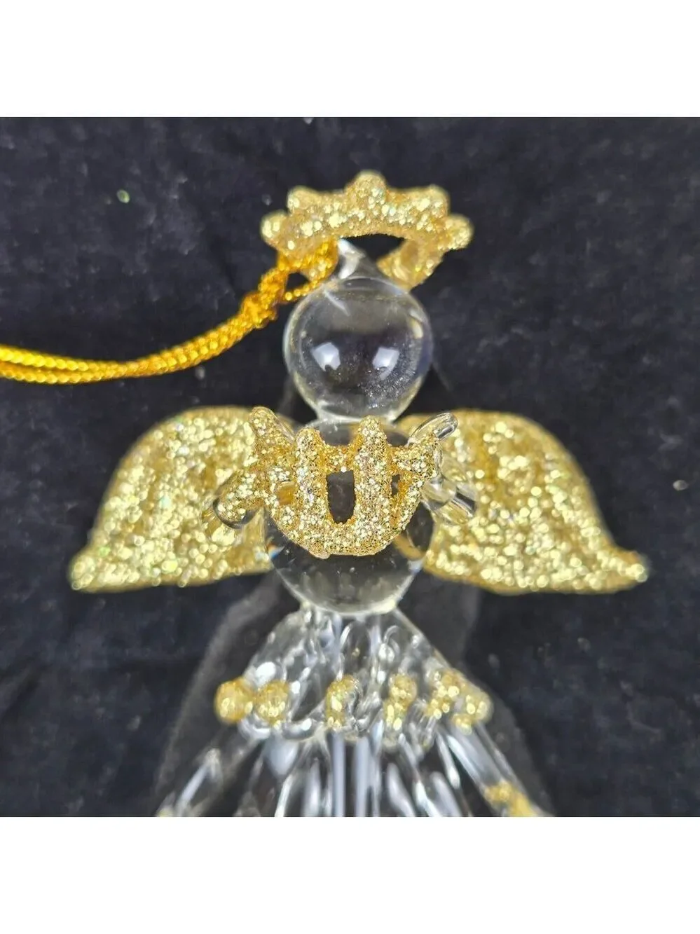 Vintage Spun Glass Angel Ornament Gold Glitter Accents Hanger In Original Box